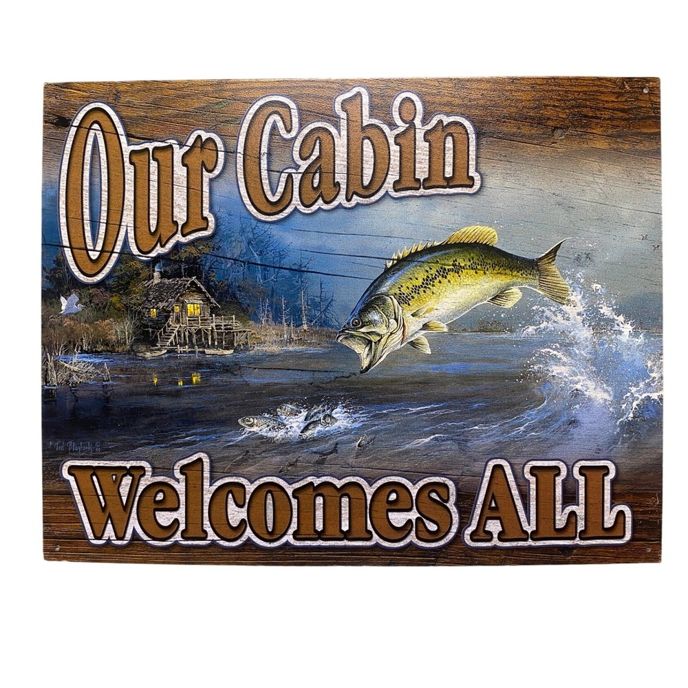 Our Cabin‎ Welcomes All Sign Bass Fishing Lodge Lake House Decor
